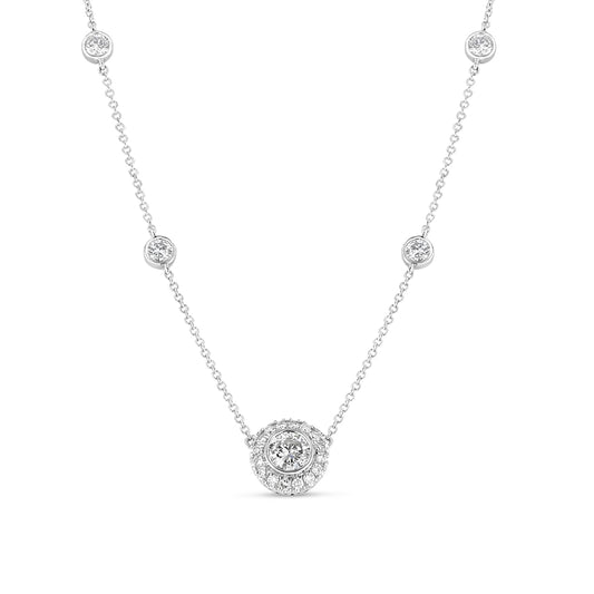 Bezel Set Diamond Halo Necklace With Diamond By The Yard Chain