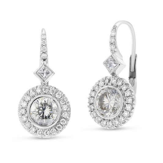 Halo Diamond Drop Earrings With Round and Princess Cut Diamonds