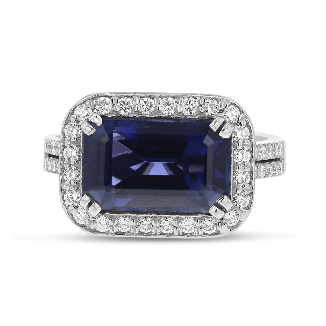 Emerald-Cut Tanzanite Ring with Diamond Halo