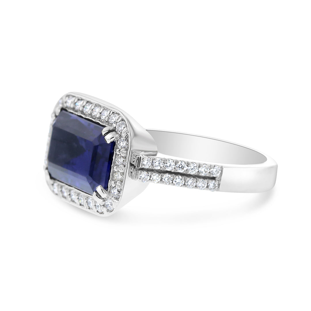 Emerald-Cut Tanzanite Ring with Diamond Halo