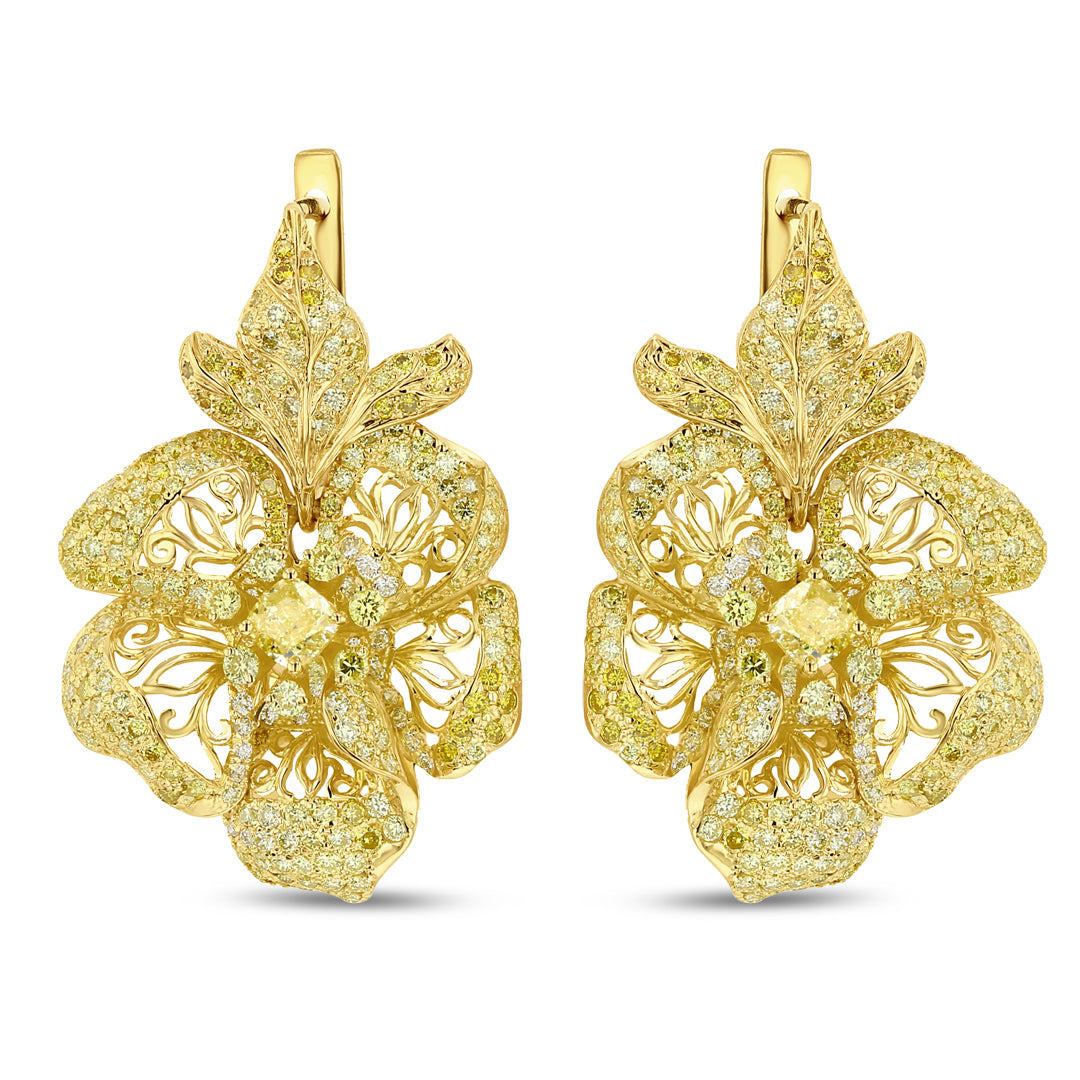 Yellow Diamond Flower Drop Earrings